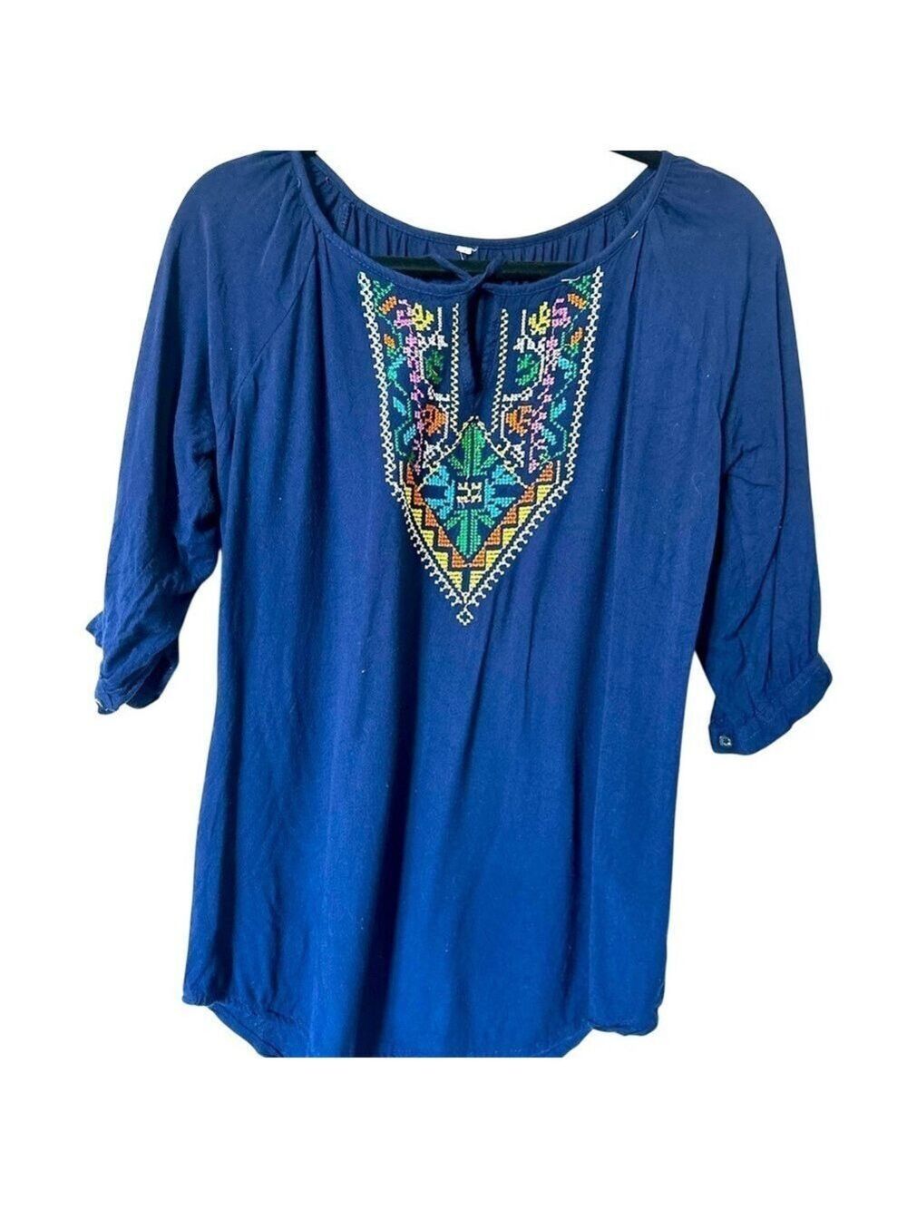 Embellished Blue 3/4 Sleeve Tunic Blouse US M